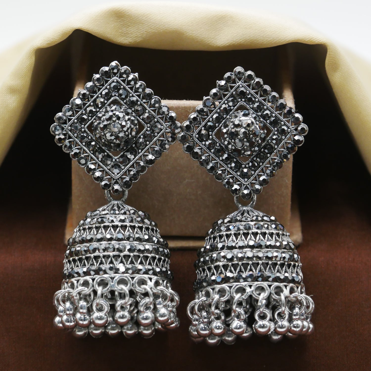 Casual Diamond Jhumka Earrings for Girls: Silver Oxidised Jhumka Earrings.