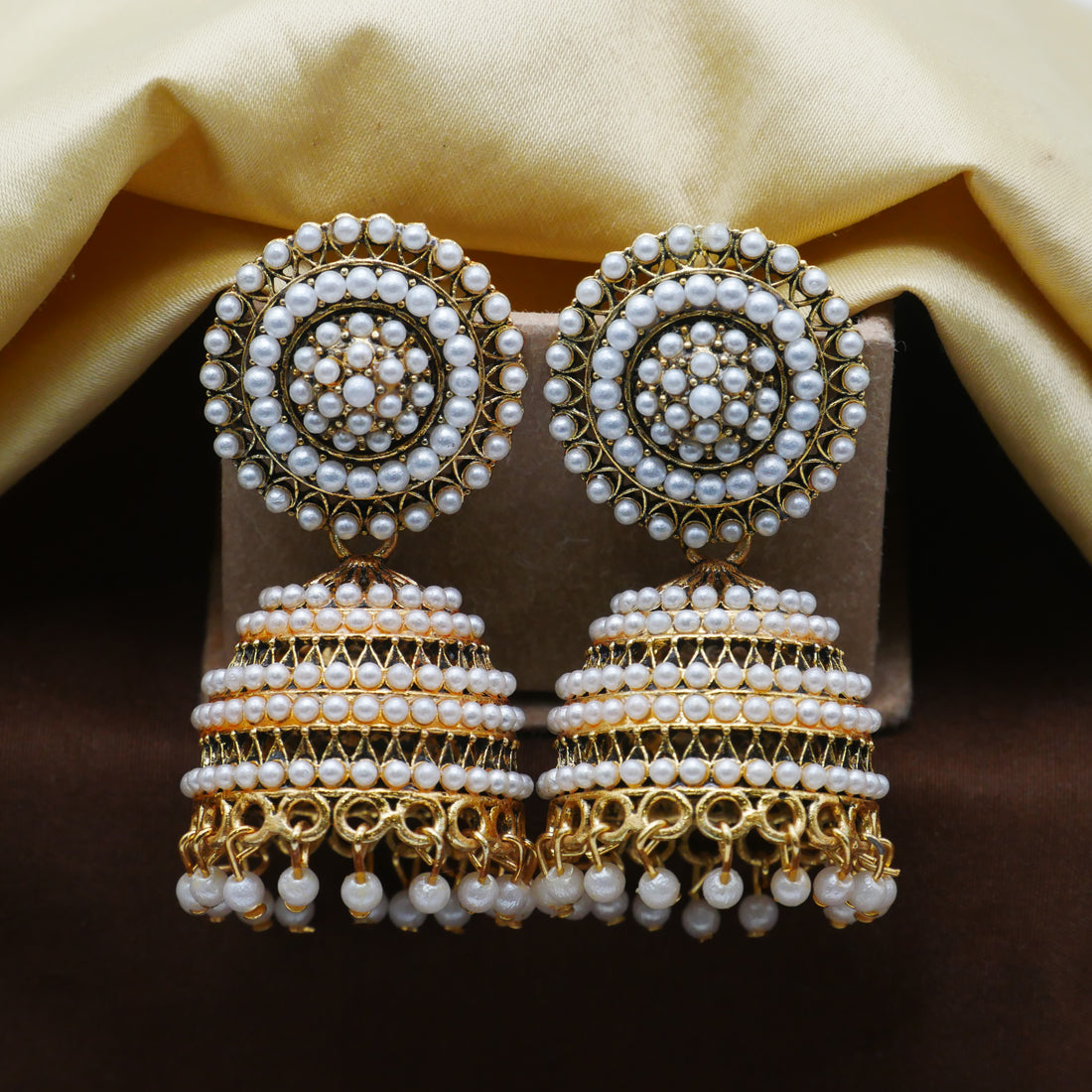 Antique Gold Oxidised White Pearl Jhumka Earrings.