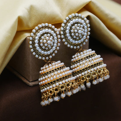 Antique Gold Oxidised White Pearl Jhumka Earrings.