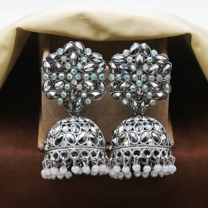 Casual Diamond Jhumka Earrings for Girls: Silver Oxidised Jhumka Earrings.