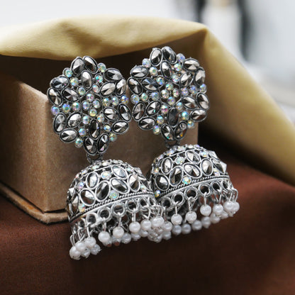 Casual Diamond Jhumka Earrings for Girls: Silver Oxidised Jhumka Earrings.