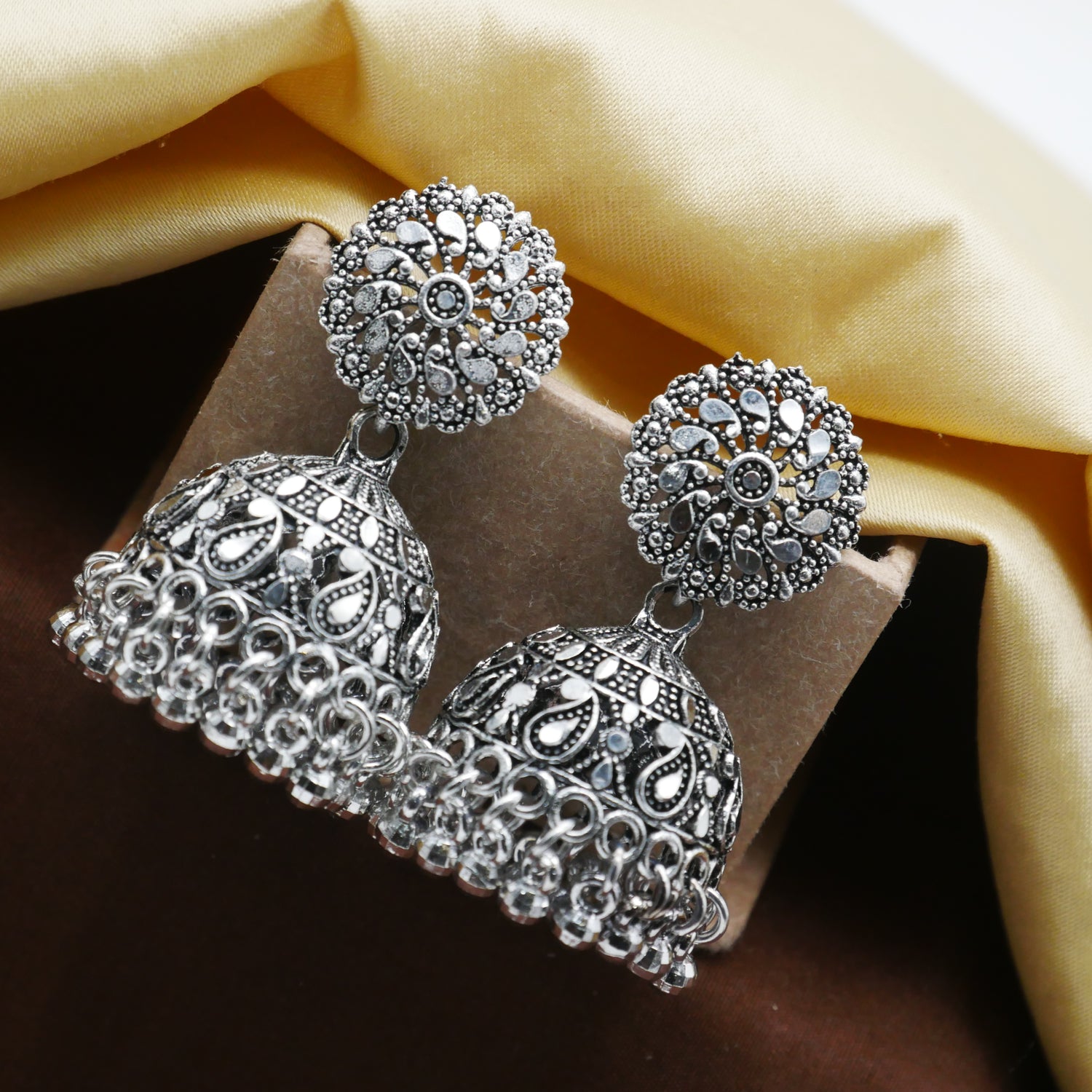 Casual Earrings for Girls: Silver Oxidised Jhumka Earrings.