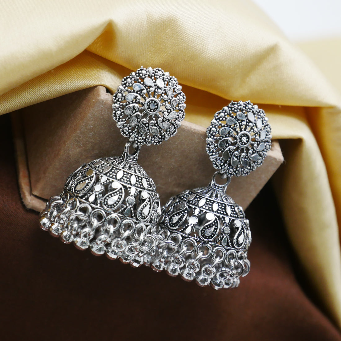 Casual Earrings for Girls: Silver Oxidised Jhumka Earrings.