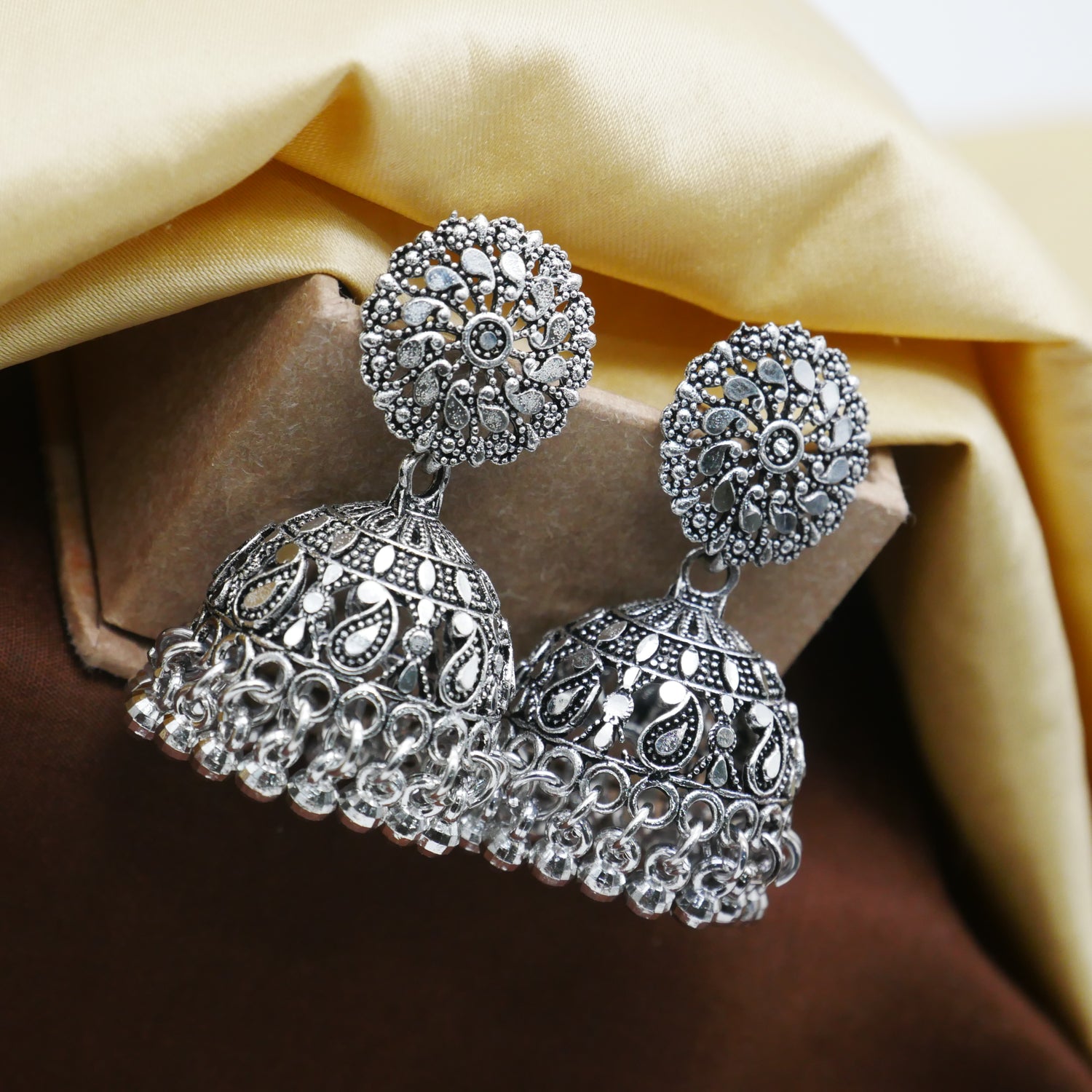 Casual Earrings for Girls: Silver Oxidised Jhumka Earrings.