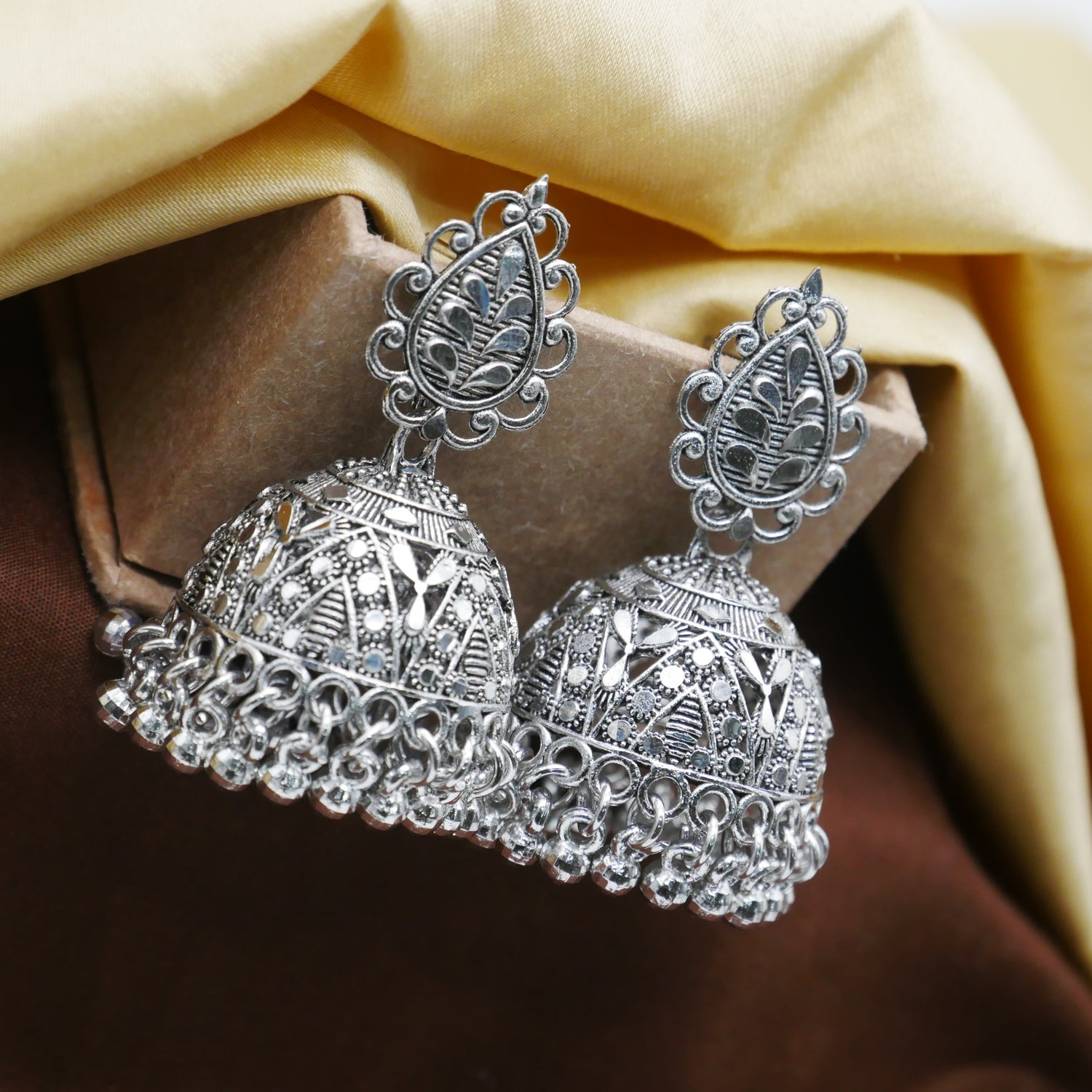 Casual Earrings for Girls: Silver Oxidised Jhumka Earrings.