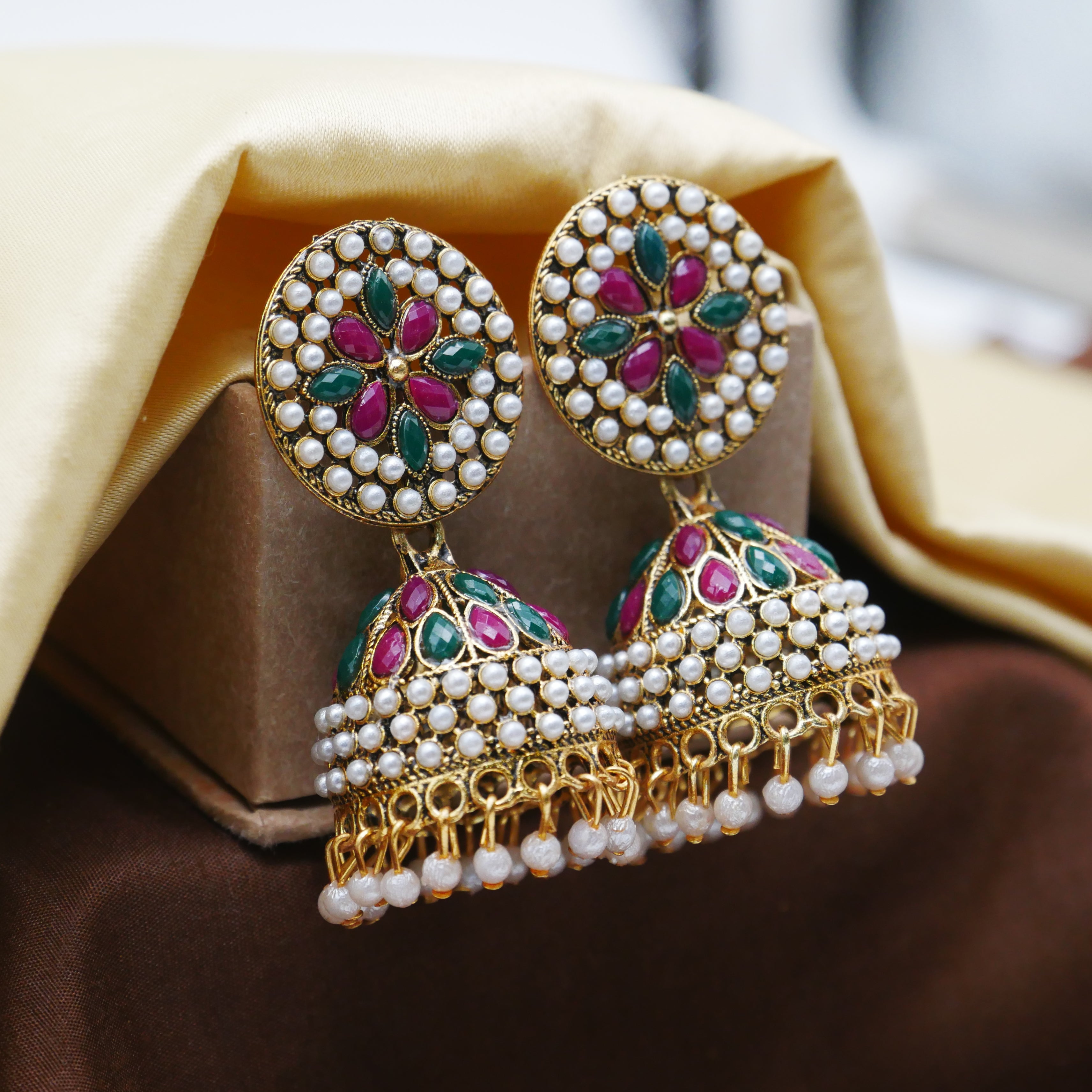 Antique Gold Oxidised White Pearl Jhumka Earrings.