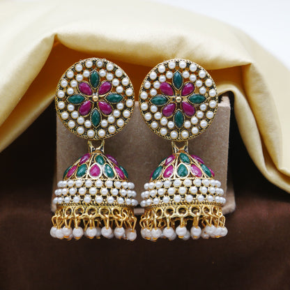 Antique Gold Oxidised White Pearl Jhumka Earrings.