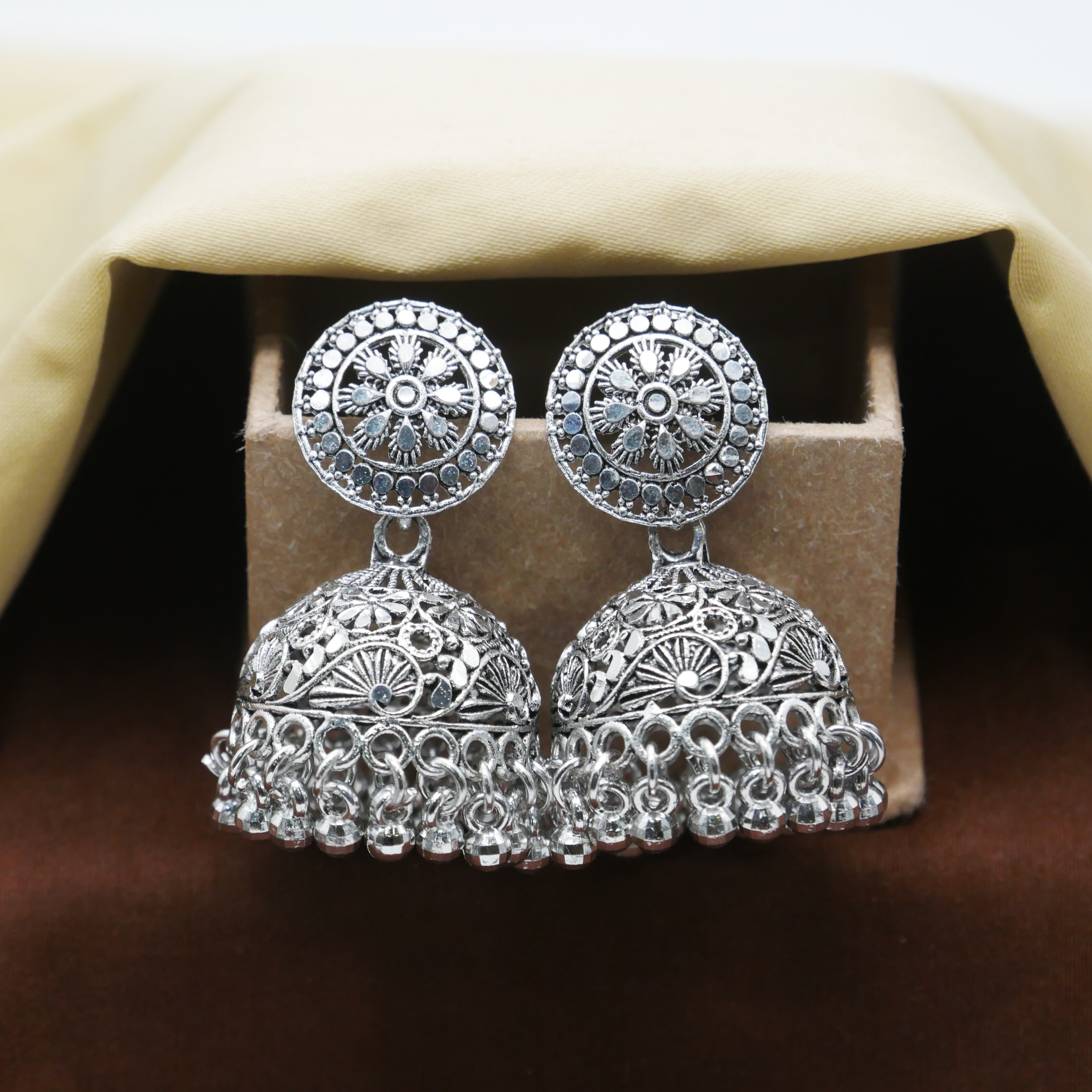 Casual Earrings for Girls: Silver Oxidised Jhumka Earrings.