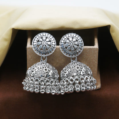 Casual Earrings for Girls: Silver Oxidised Jhumka Earrings.