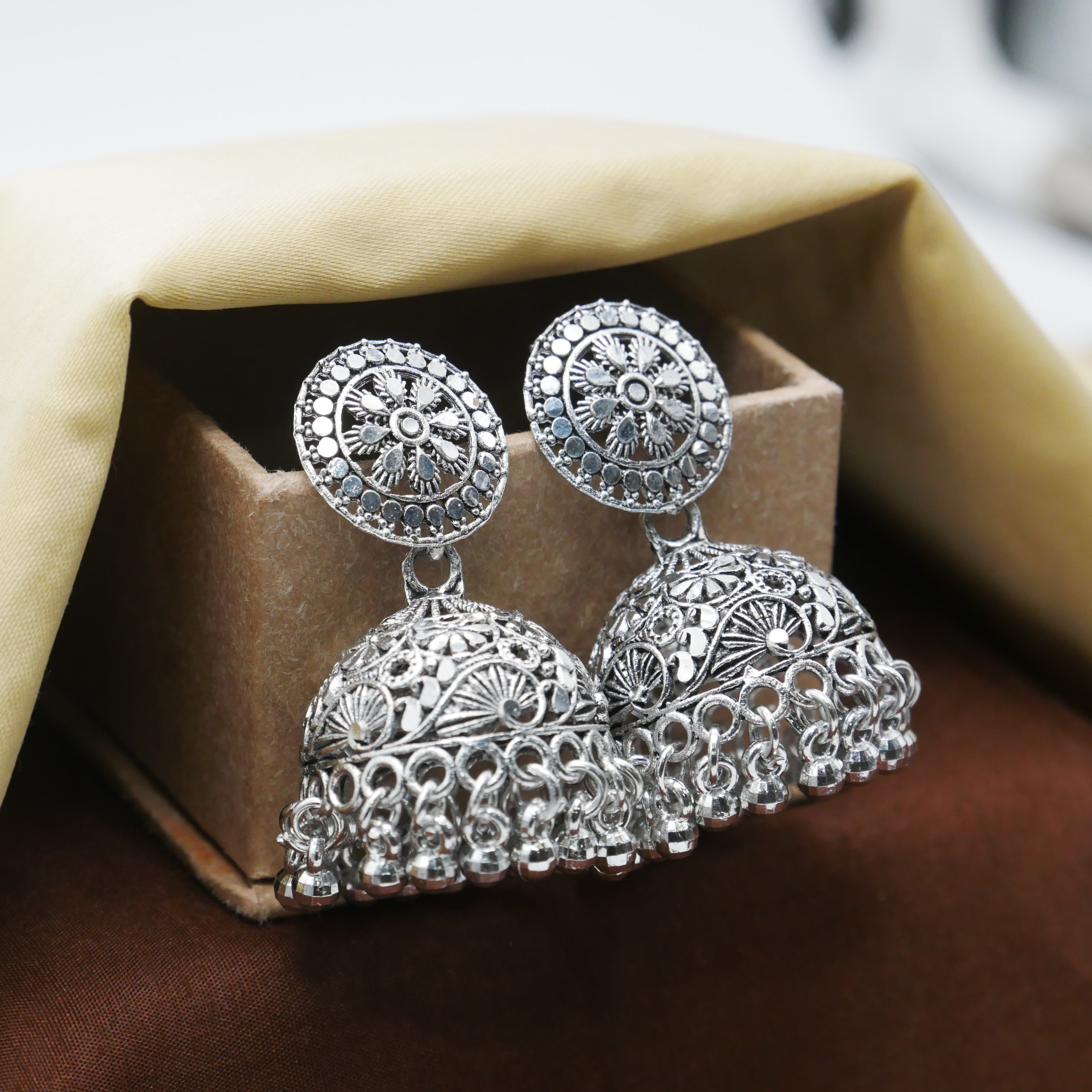 Casual Earrings for Girls: Silver Oxidised Jhumka Earrings.