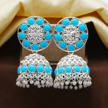 Antique Gold Oxidised White Pearl Jhumka Earrings.