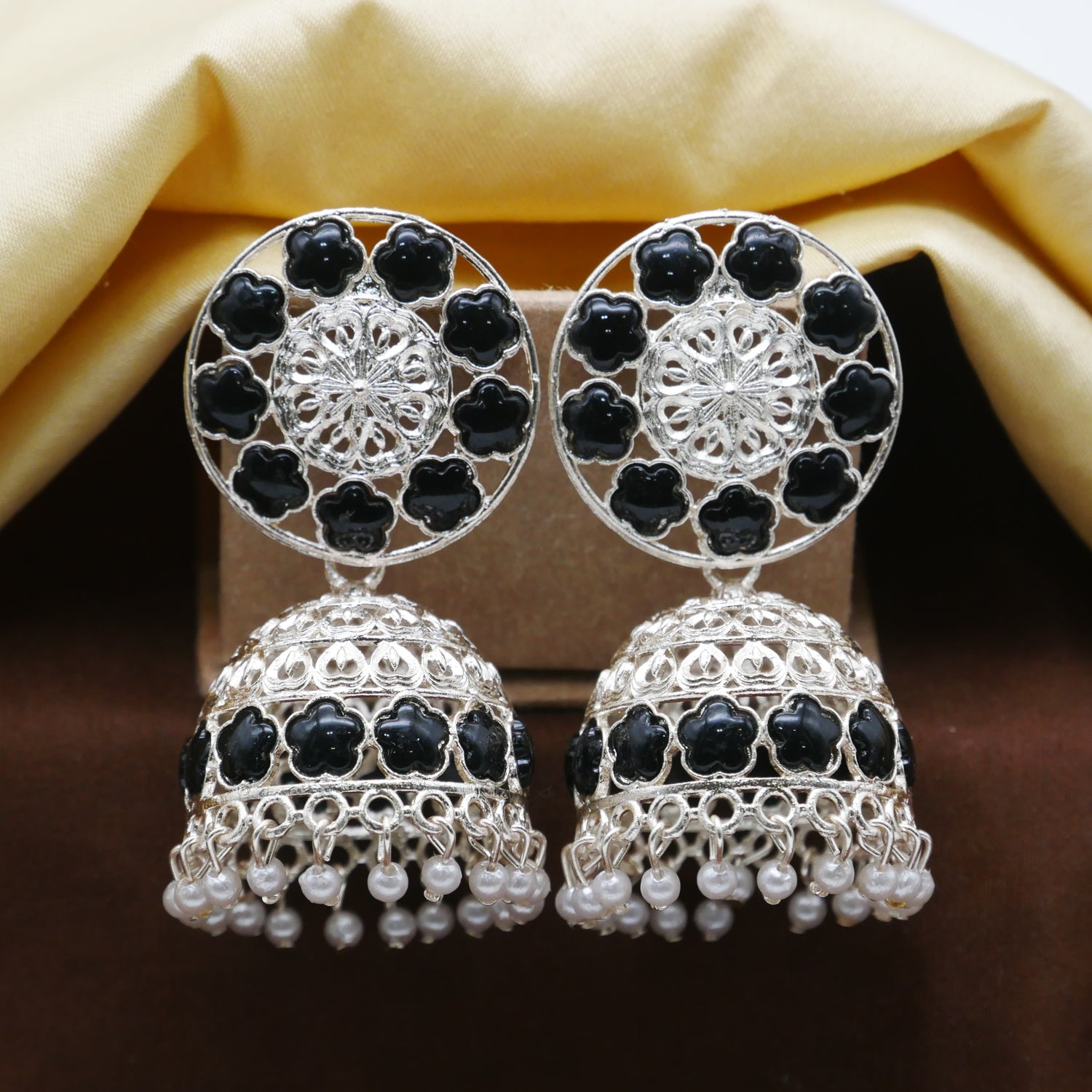 Antique Gold Oxidised White Pearl Jhumka Earrings.