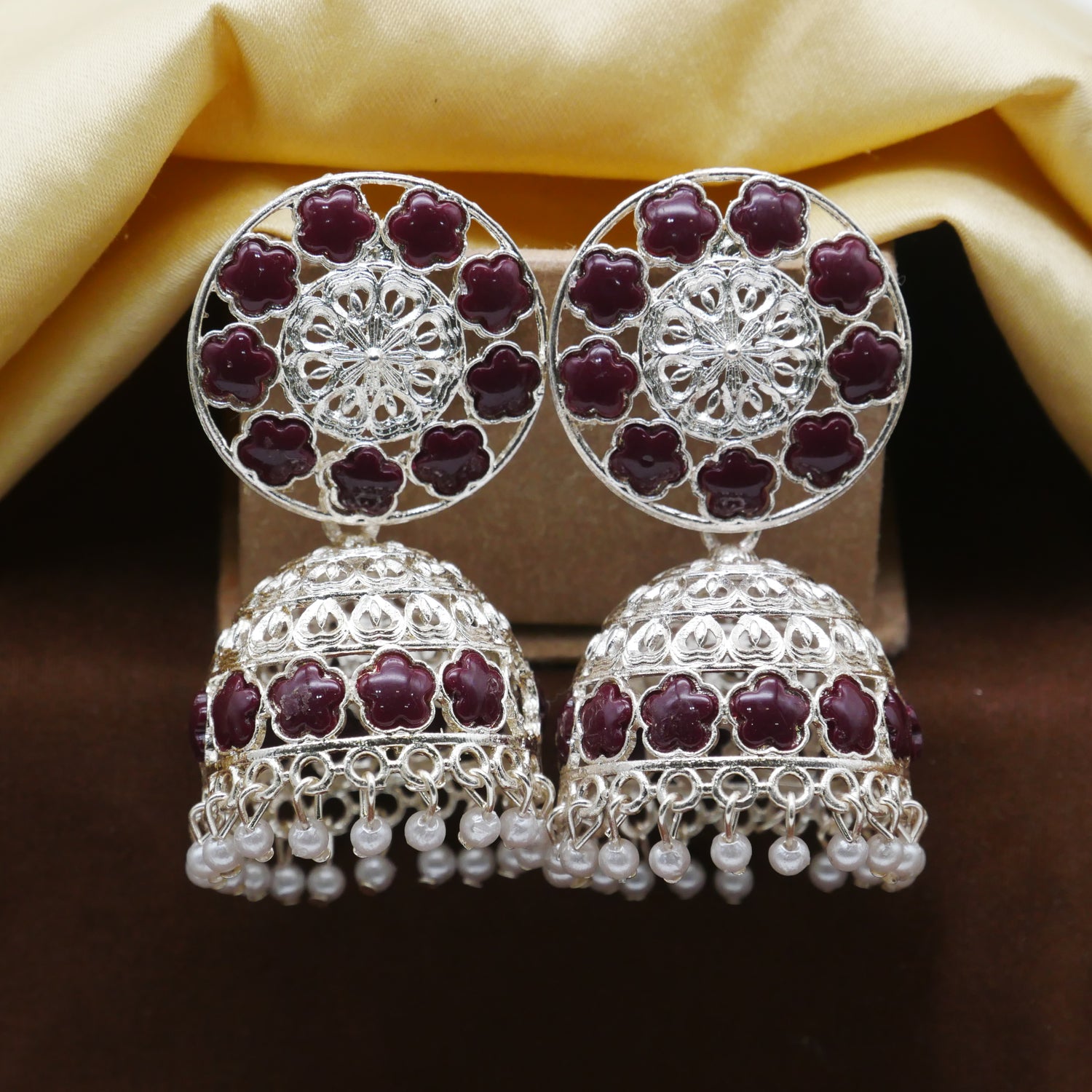 Antique Gold Oxidised White Pearl Jhumka Earrings.