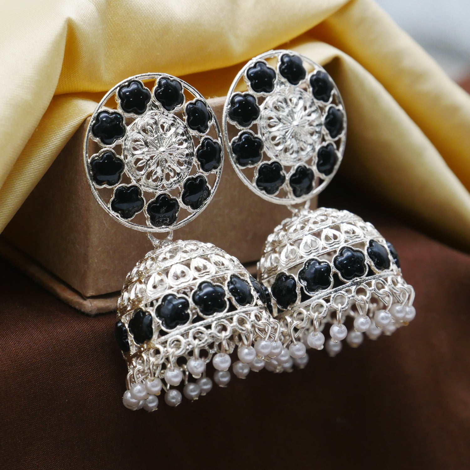 Antique Gold Oxidised White Pearl Jhumka Earrings.