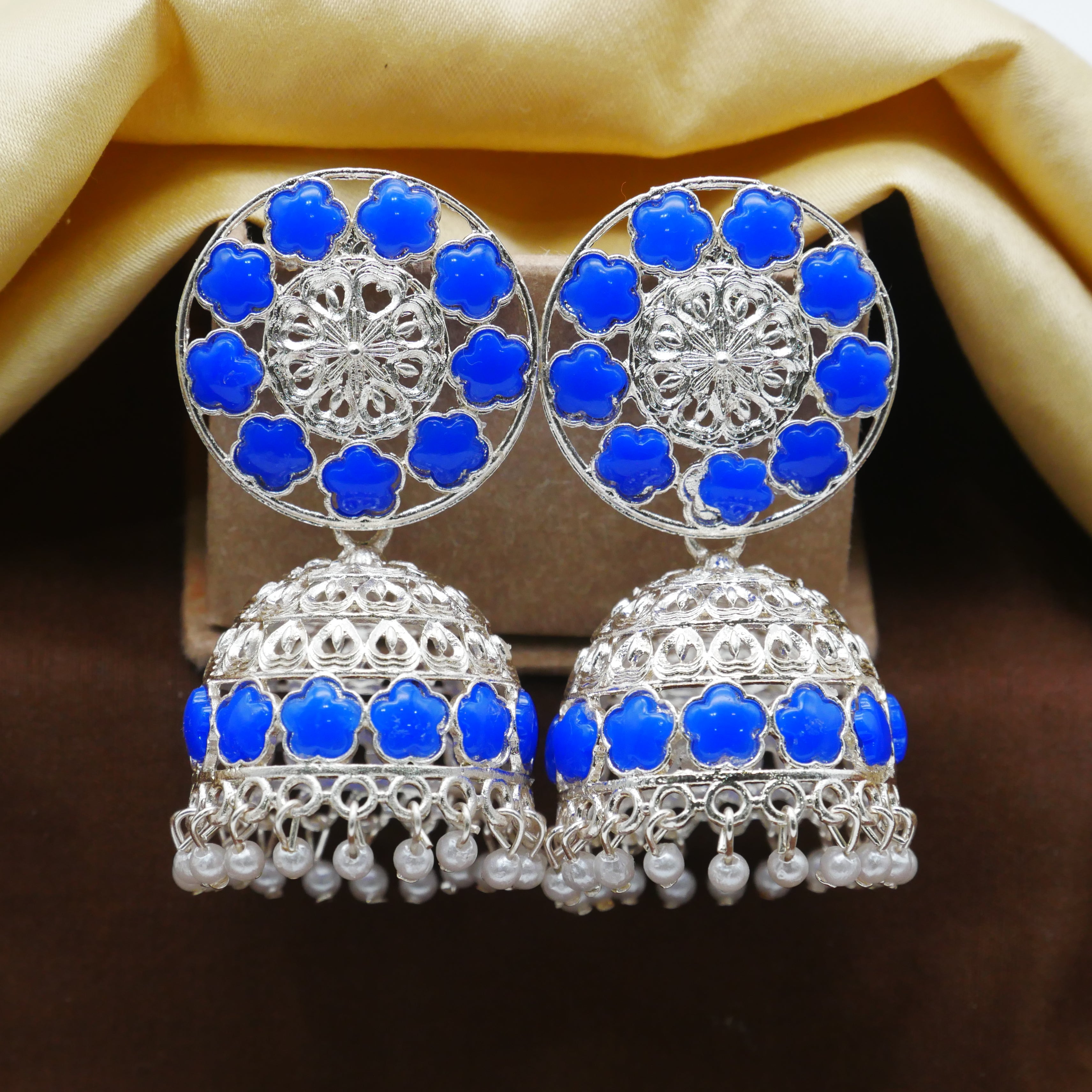 Antique Gold Oxidised White Pearl Jhumka Earrings.