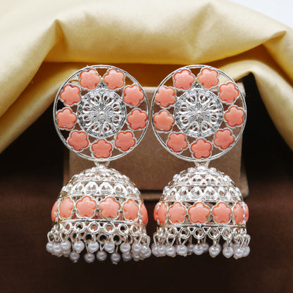 Antique Gold Oxidised White Pearl Jhumka Earrings.