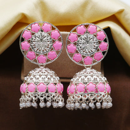 Antique Gold Oxidised White Pearl Jhumka Earrings.