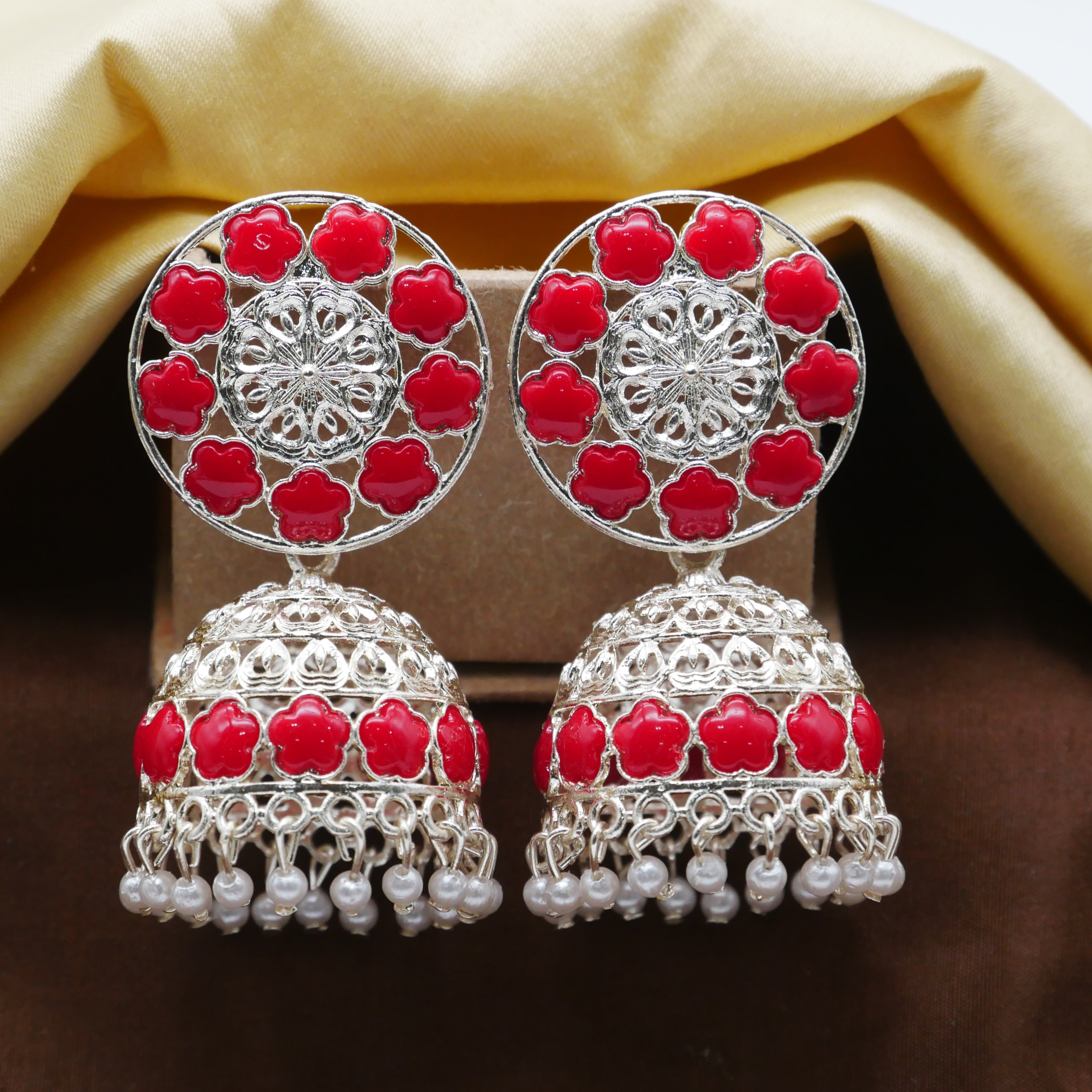 Antique Gold Oxidised White Pearl Jhumka Earrings.