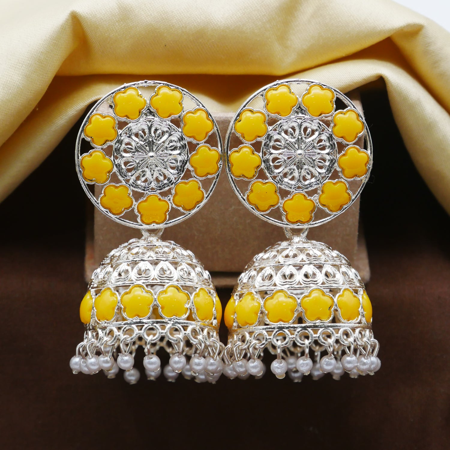 Antique Gold Oxidised White Pearl Jhumka Earrings.