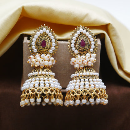 Antique Gold Oxidised White Pearl Jhumka Earrings.