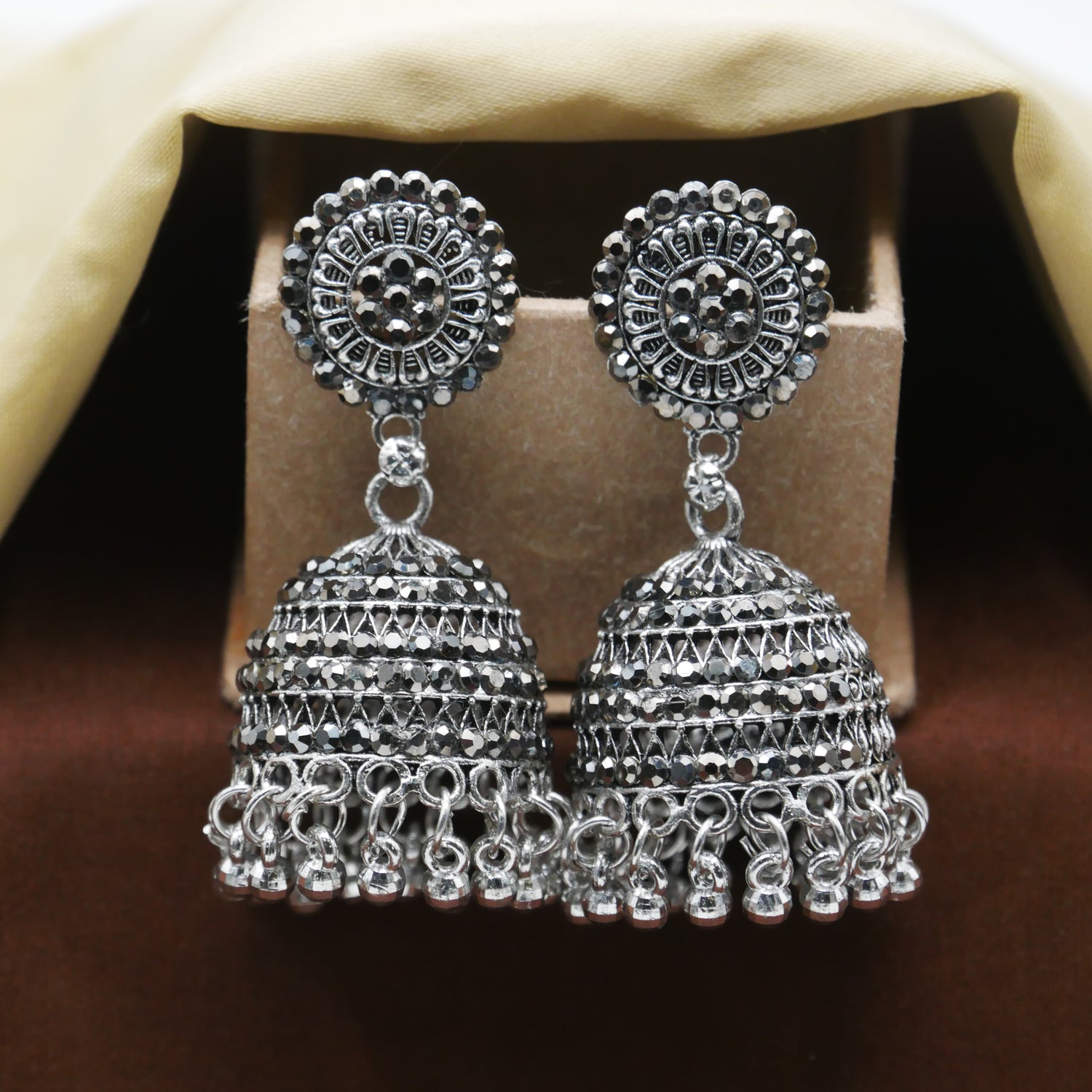 Casual Diamond Jhumka Earrings for Girls: Silver Oxidised Jhumka Earrings.