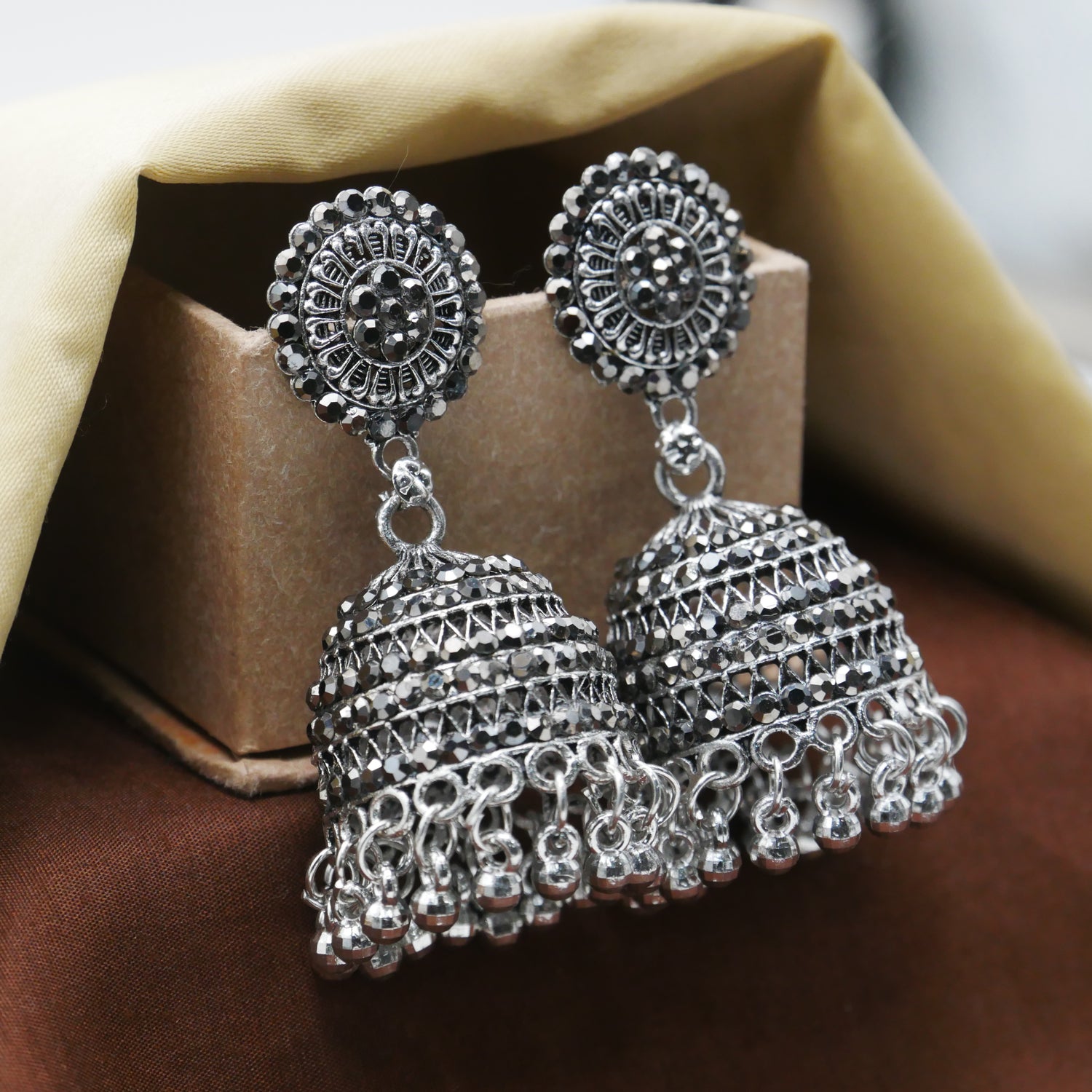 Casual Diamond Jhumka Earrings for Girls: Silver Oxidised Jhumka Earrings.